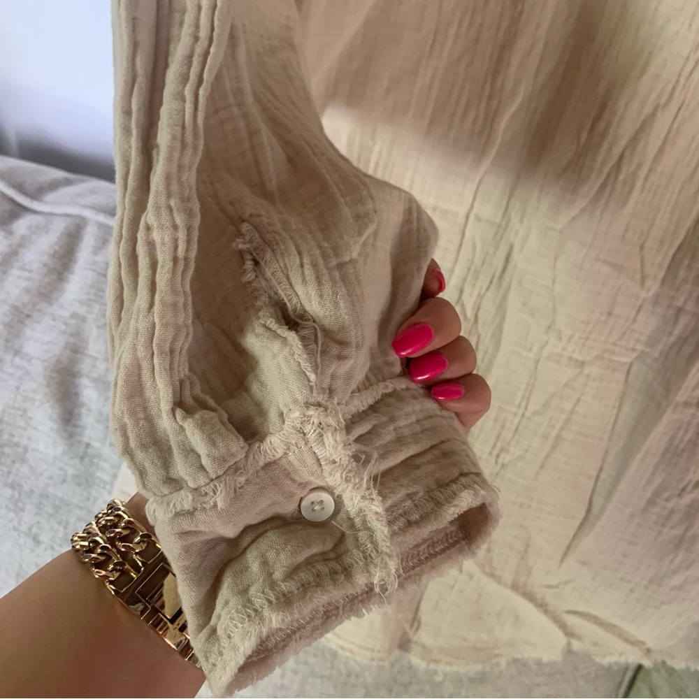 Aerie Pool To Party Cover Up Tan Oat Size Small Button Tunic Oversized Fray Hem - Picture 7 of 11